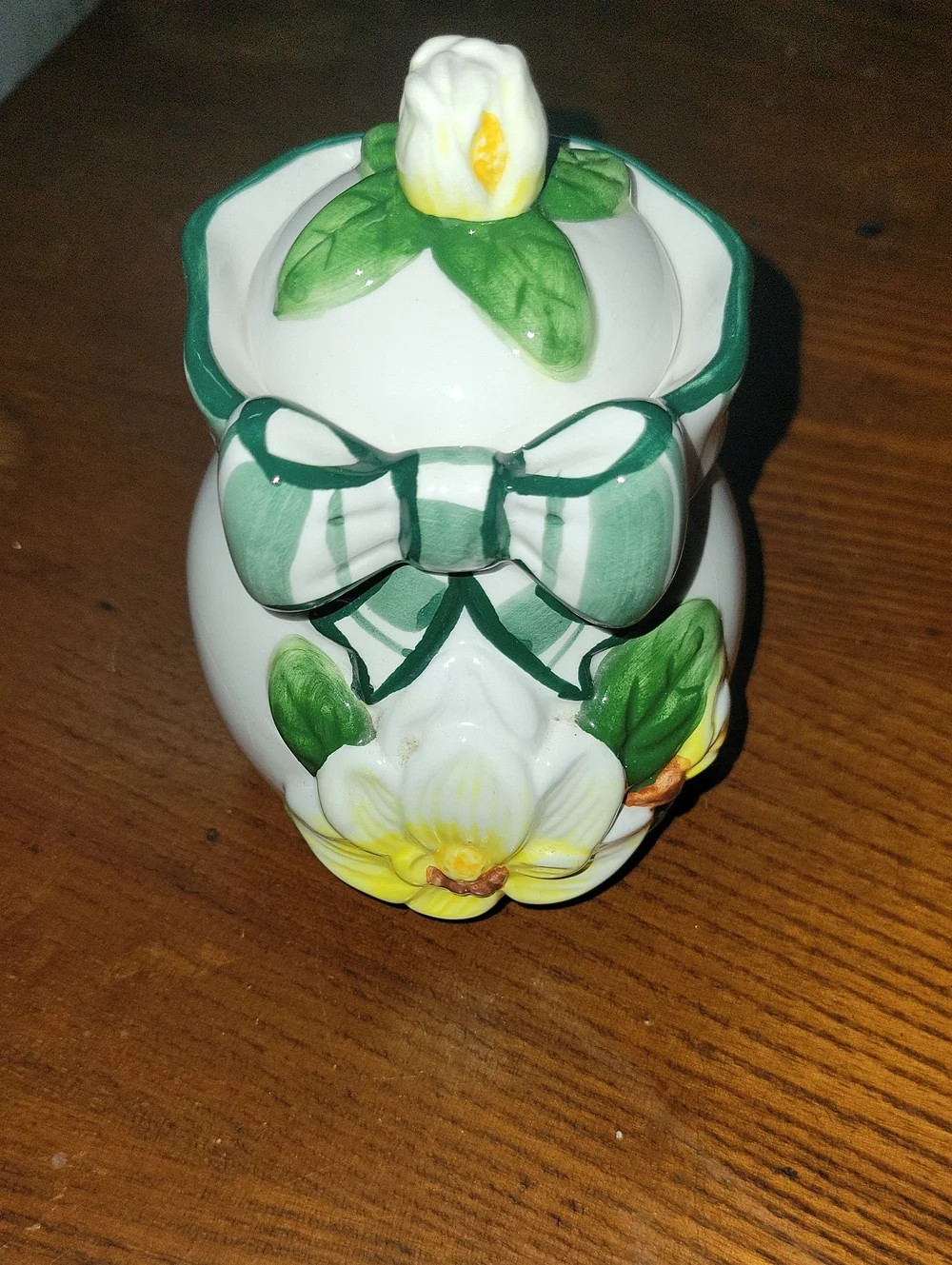 Young's Exclusive Sugar Or Jam Jar White Ceramic Floral  with Green Bow